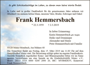 Traueranzeige von Frank Hemmersbach von vrm-trauer