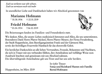 Traueranzeige von Friedel Hofmann von vrm-trauer