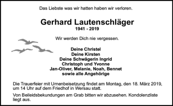 Traueranzeige von Gerhard Lautenschläger von vrm-trauer