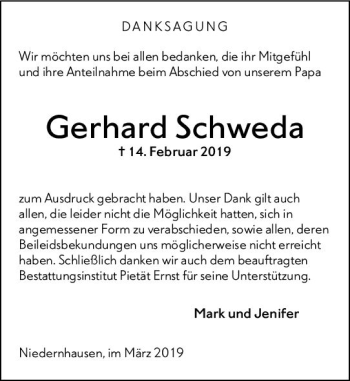 Traueranzeige von Gerhard Schweda von vrm-trauer