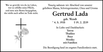 Traueranzeige von Gertrud Lada von vrm-trauer