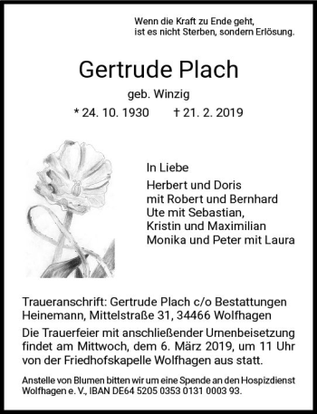 Traueranzeige von Gertrude Plach von vrm-trauer