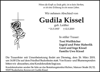 Traueranzeige von Gudila Kissel von vrm-trauer