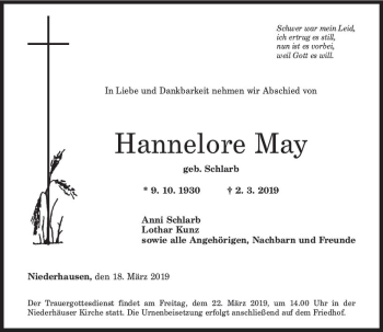 Traueranzeige von Hannelore May von vrm-trauer