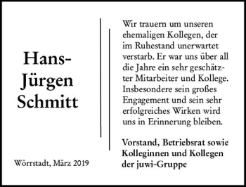 Traueranzeige von Hans-Jürgen Schmitt von vrm-trauer