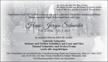 Traueranzeige von Hans-Jürgen Schneider von vrm-trauer