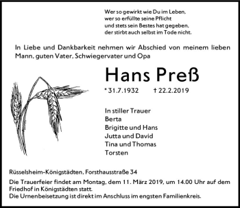 Traueranzeige von Hans Preß von vrm-trauer