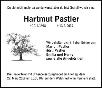 Traueranzeige von Hartmut Pastler von vrm-trauer