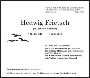 Traueranzeige von Hedwig Frietsch von vrm-trauer