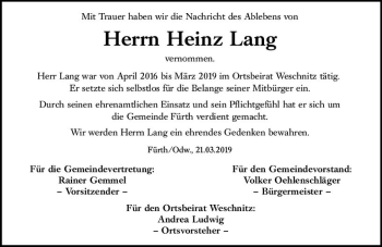 Traueranzeige von Heinz Lang von vrm-trauer