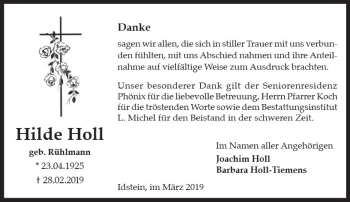 Traueranzeige von Hilde Holl von vrm-trauer