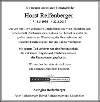Traueranzeige von Horst Reifenberger von vrm-trauer