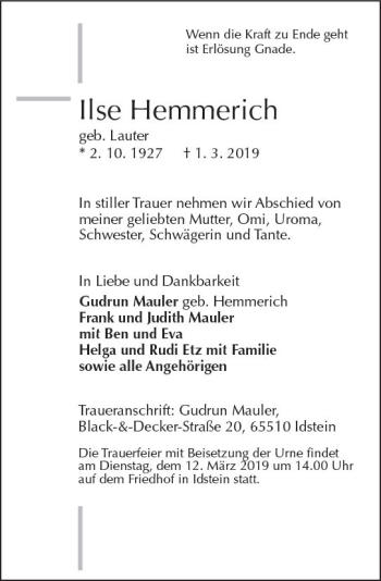 Traueranzeige von Ilse Hemmerich von vrm-trauer