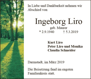 Traueranzeige von Ingeborg Liro von vrm-trauer