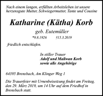 Traueranzeige von Katharine Korb von vrm-trauer