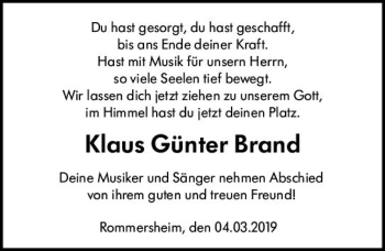 Traueranzeige von Klaus Günter Brand von vrm-trauer