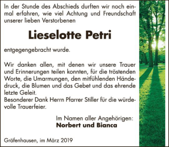 Traueranzeige von Lieselotte Petri von vrm-trauer