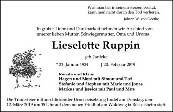 Traueranzeige von Lieselotte Ruppin von vrm-trauer