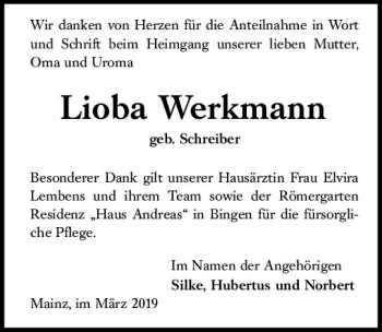 Traueranzeige von Lioba Werkmann von vrm-trauer