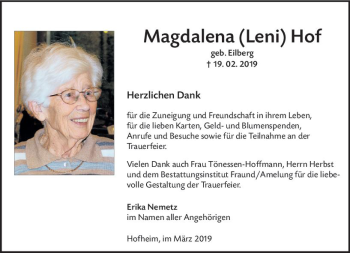 Traueranzeige von Magdalena Leni Hof von vrm-trauer