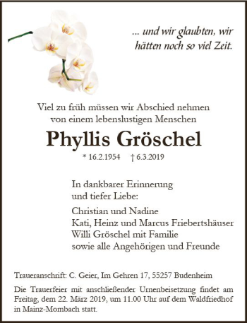 Traueranzeige von Phyllis Gröschel von vrm-trauer