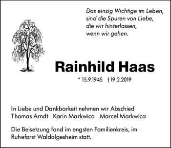 Traueranzeige von Rainhild Haas von vrm-trauer