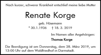 Traueranzeige von Renate Korge von vrm-trauer