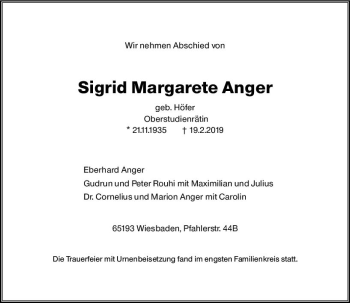 Traueranzeige von Sigrid Margarete Anger von vrm-trauer