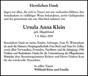 Traueranzeige von Ursula Anna Klein von vrm-trauer