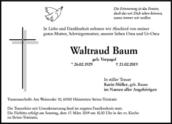 Traueranzeige von Waltraud Baum von vrm-trauer