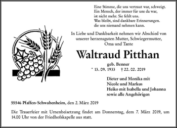 Traueranzeige von Waltraud Pitthan von vrm-trauer
