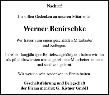 Traueranzeige von Werner Benirschke von vrm-trauer
