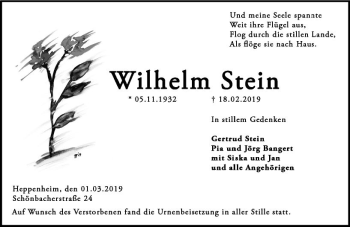 Traueranzeige von Wilhelm Stein von vrm-trauer