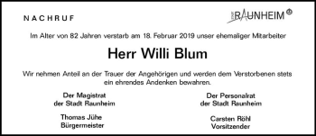 Traueranzeige von Willi Blum von vrm-trauer