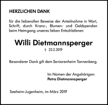 Traueranzeige von Willi Dietmannsperger von vrm-trauer