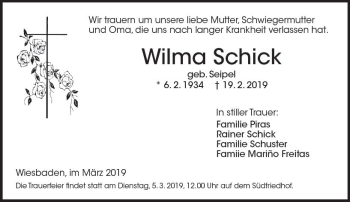 Traueranzeige von Wilma Schick von vrm-trauer