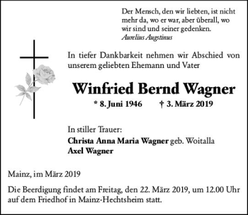 Traueranzeige von Winfried Bernd Wagner von vrm-trauer