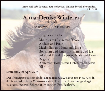 Traueranzeige von Anna-Denise Winterer von vrm-trauer