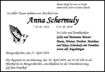 Traueranzeige von Anna Schermuly von  WBT - Weilburger Tageblatt ()