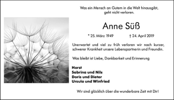 Traueranzeige von Anne Süß von vrm-trauer