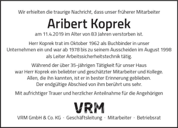 Traueranzeige von Aribert Koprek von vrm-trauer