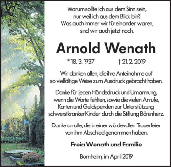 Traueranzeige von Arnold Wenath von vrm-trauer