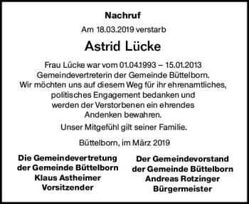 Traueranzeige von Astrid Lücke von vrm-trauer