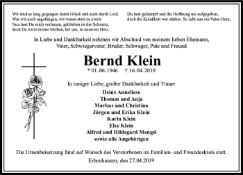 Traueranzeige von Bernd Klein von VRM Trauer
