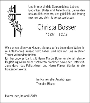 Traueranzeige von Christa Bösser von  HA - Hinterländer Anzeiger ()