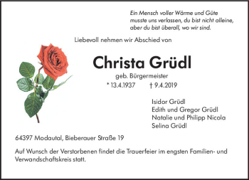 Traueranzeige von Christa Grüdl von vrm-trauer