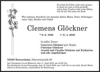 Traueranzeige von Clemens Glöckner von vrm-trauer