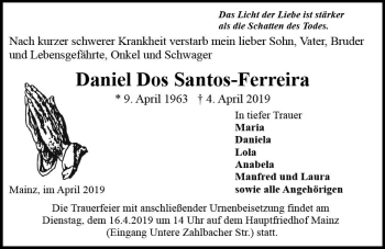 Traueranzeige von Daniel  Dos Santos-Ferreira von vrm-trauer