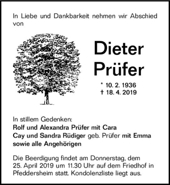 Traueranzeige von Dieter Prüfer von vrm-trauer