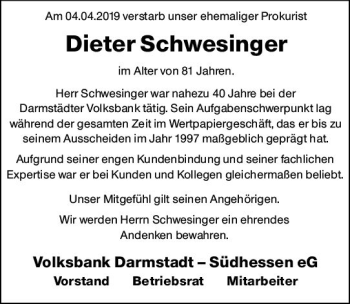 Traueranzeige von Dieter Schwesinger von vrm-trauer
